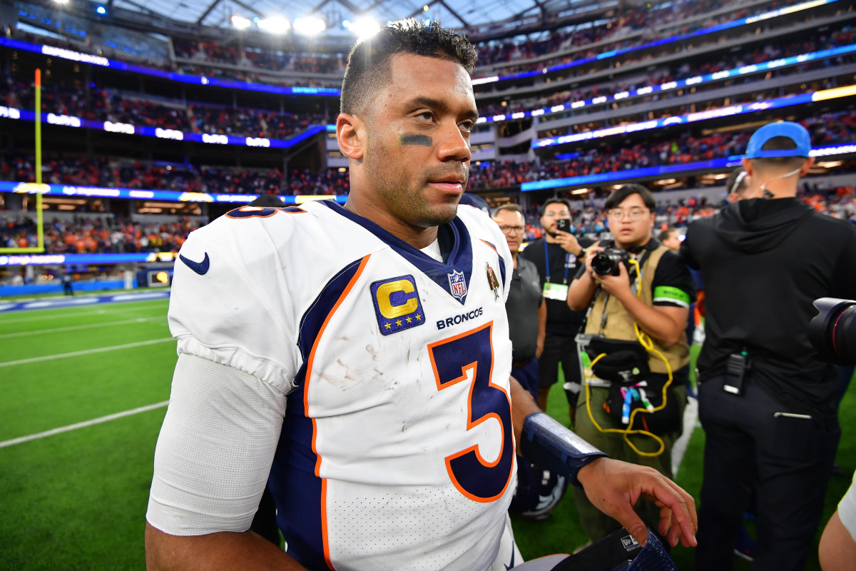 Dec 10, 2023; Inglewood, California, USA; Denver Broncos quarterback Russell Wilson (3) reacts following the victory against the Los Angeles Chargers at SoFi Stadium.